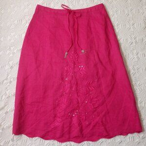 La Rea Collection A Line Midi Skirt Pink 100% Linen Beaded Embroidered 1X Women